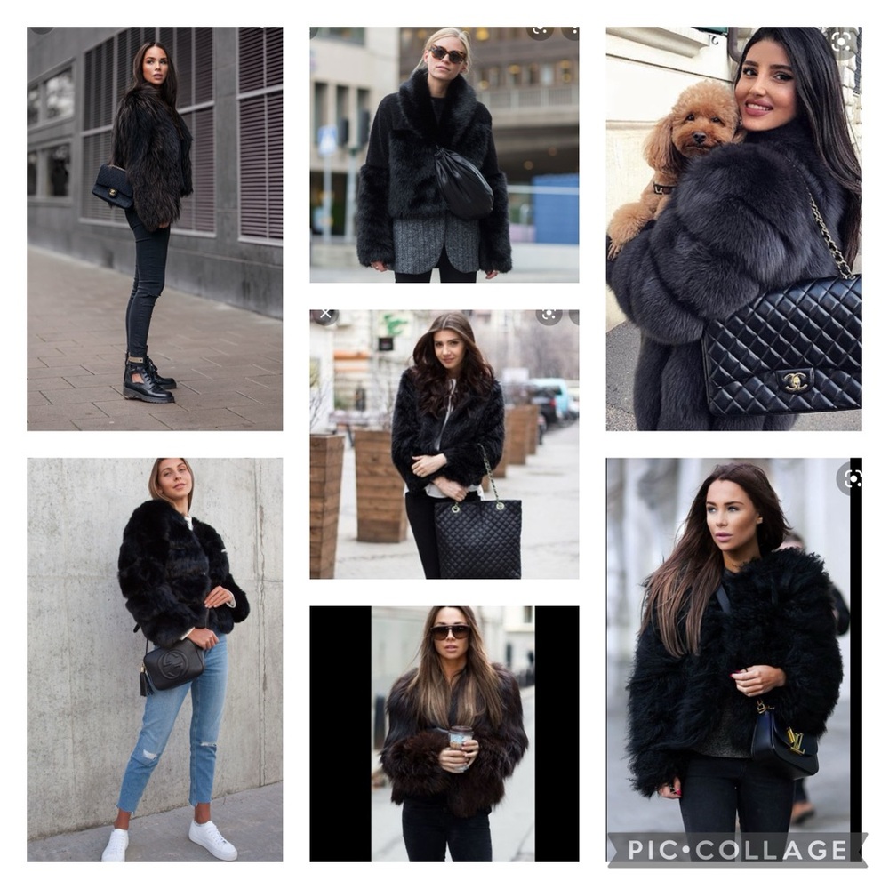 Real 100 rabbit fur jacket with real fox collar & pockets black - Picture 2 of 15